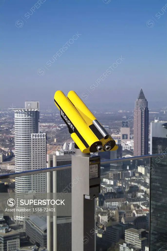 Germany, Hesse, Frankfurt on the Main, view over the city, west final tower, office  Center FBC, fair tower, Trianon, binoculars, Europe, city, financ...
