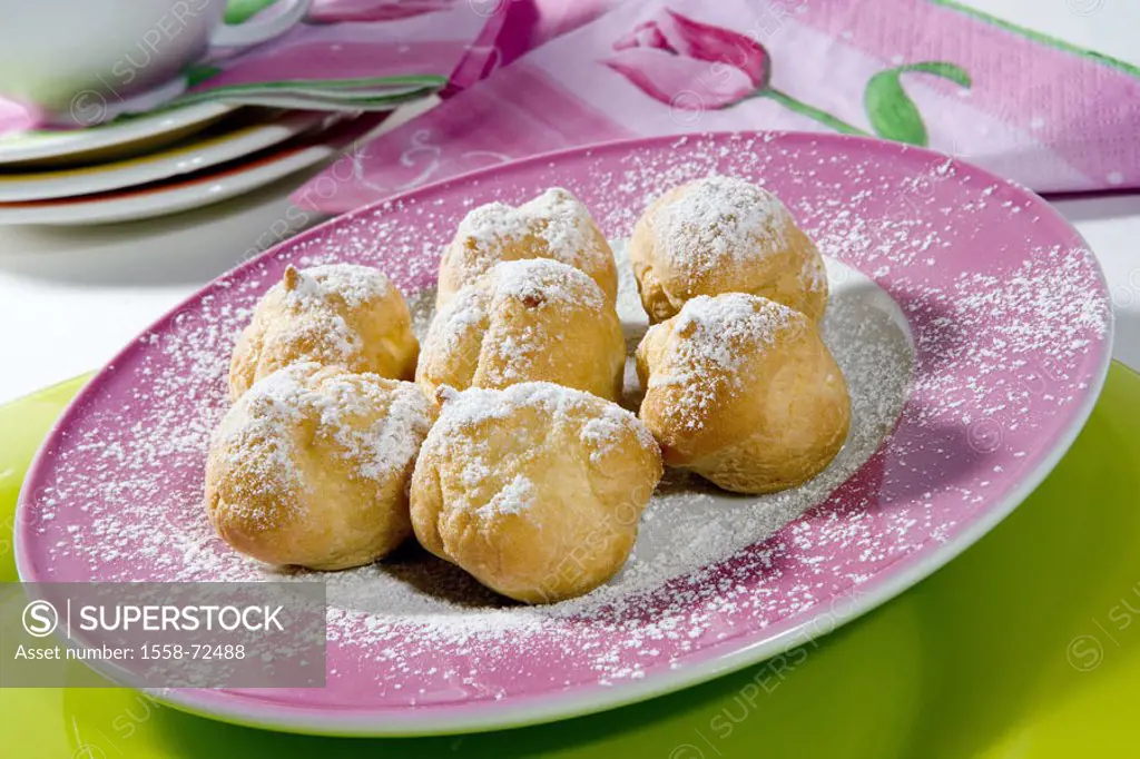 Dessert, cream-puffs with cream filling, Powder sugar  Sweets, dessert, pastries, sweet ware, cream pastries, sweet, rich in calories, saccharated, fo...