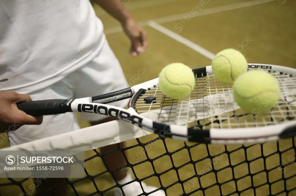 Man, tennis rackets, balls, balances, Detail  Tennis court, network, tennis players, clubs, holds, tennis balls, three, symbol, carry sport, tennis te...