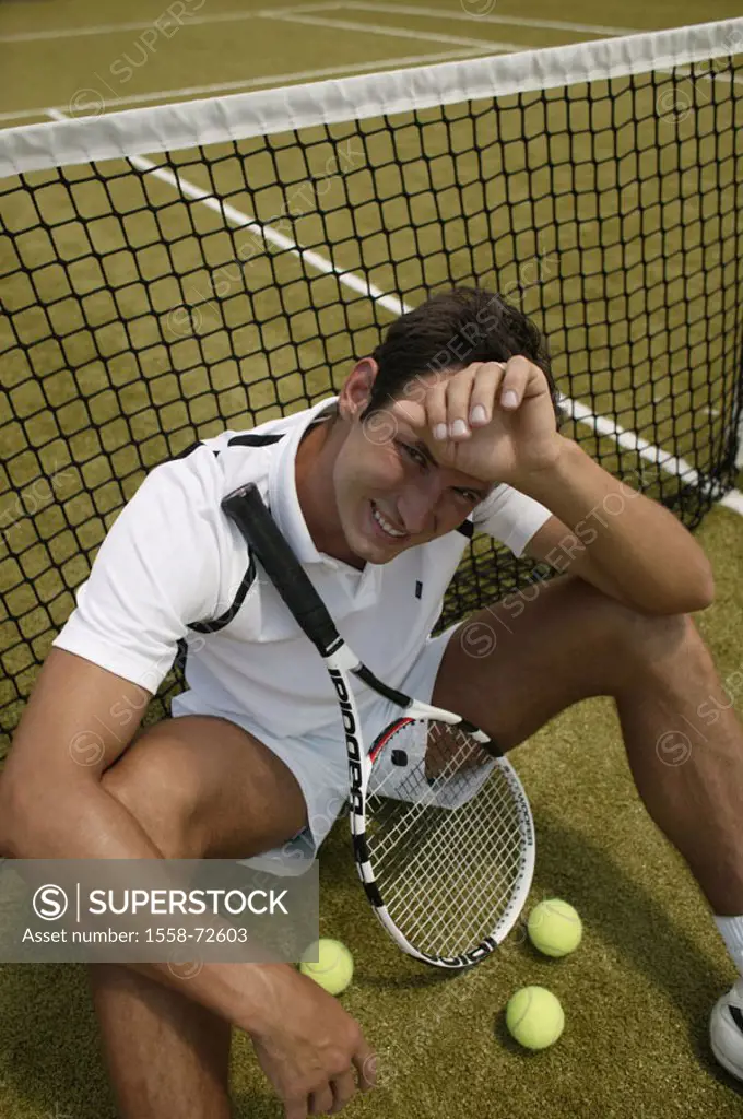 Tennis court, network, tennis players, ground, sitting, exhaustion  20-30 years, man, exploited, wearily, rest, pause, sweat, fatigue, weak, symbol, t...