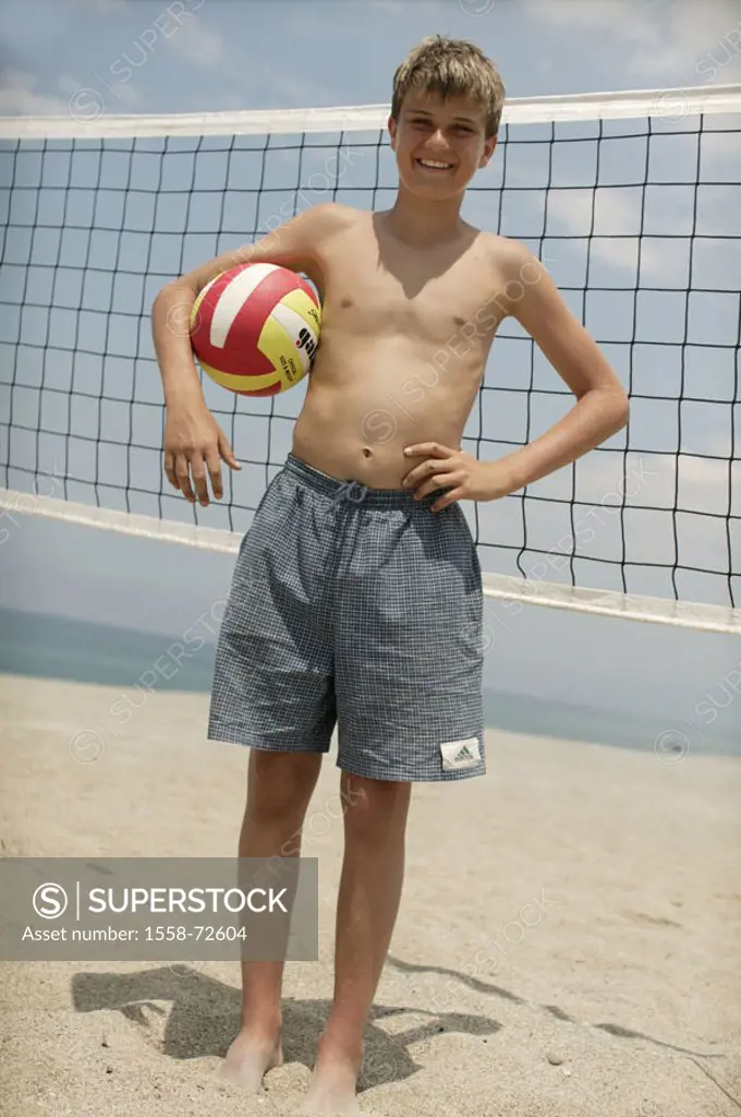 Sandy beach, Beachvolleyball, boy, Ball, network, standing, waiting  14 years, child, teenagers, shorts, upper bodies freely, ball, volleyball, holdin...