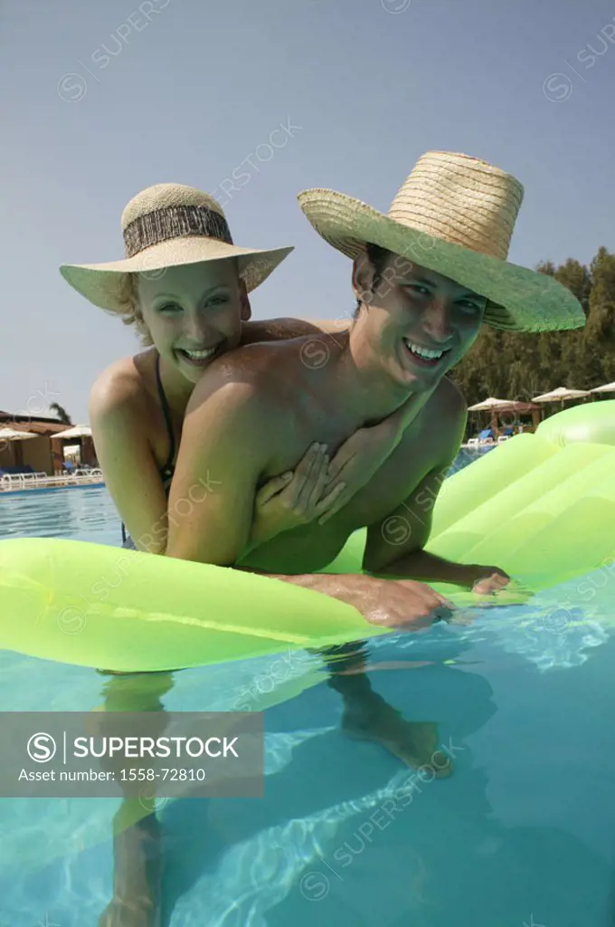 Hotel pool, couple, straw hats, air mattress,  Water, stand, Erfischung, happy  Series, 20-30 years, sunhats, Swimmingpool, pool, bath fun, fun, joy, ...