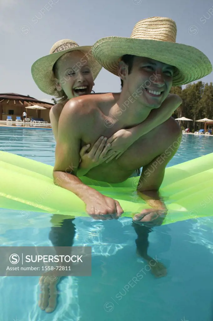 Hotel pool, couple, straw hats, air mattress,  Water, stand, Erfischung, happy  Series, 20-30 years, sunhats, Swimmingpool, pool, bath fun, fun, joy, ...