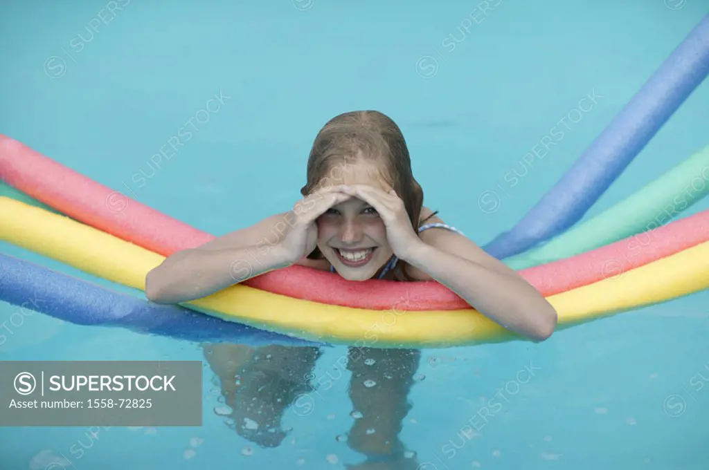 Swimmingpool, girls, swimming noodles, laughing, gaze camera  9 years, child, pool, water, swims, plantschen, Refreshment, cooling, bath fun, happily,...