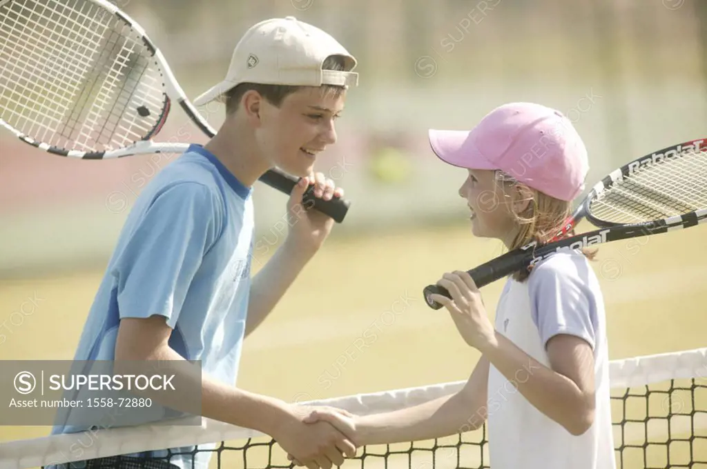 Tennis court, network, boy, girls, Handshake, gaze contact, laughing  Series, tennis players, siblings, friends, holding children opponent, tennis rac...