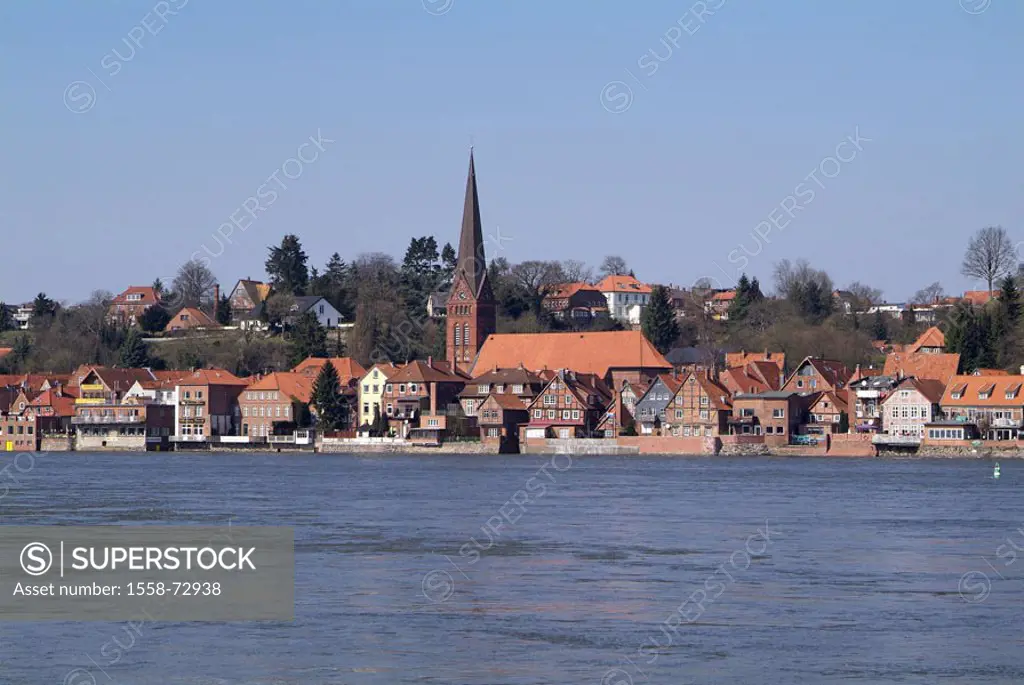 Germany, Schleswig-Holstein,  Lauenburg, view at the city, church,  River Elbe Europe, Northern Germany, city, sub city, old town, historically, Maria...