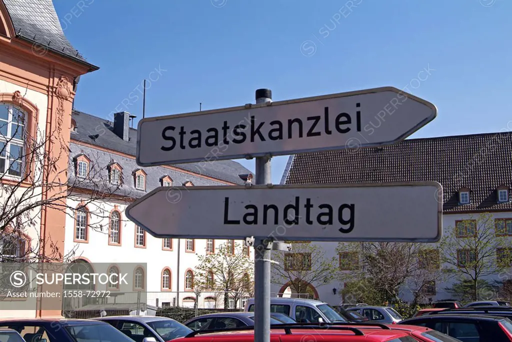 Germany, Rhineland-Palatinate, Mainz,  German house place, signposts,  State chancellery, state parliament, Europe, government quarter, signs, signs, ...