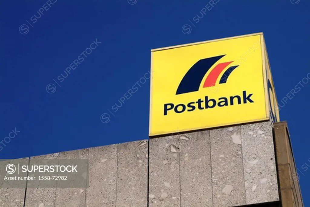 Buildings, detail, sign, Postbank,   shops, bank buildings, bank, financial institution, credit institution, branch, sign, yellow, logo, stroke, conce...
