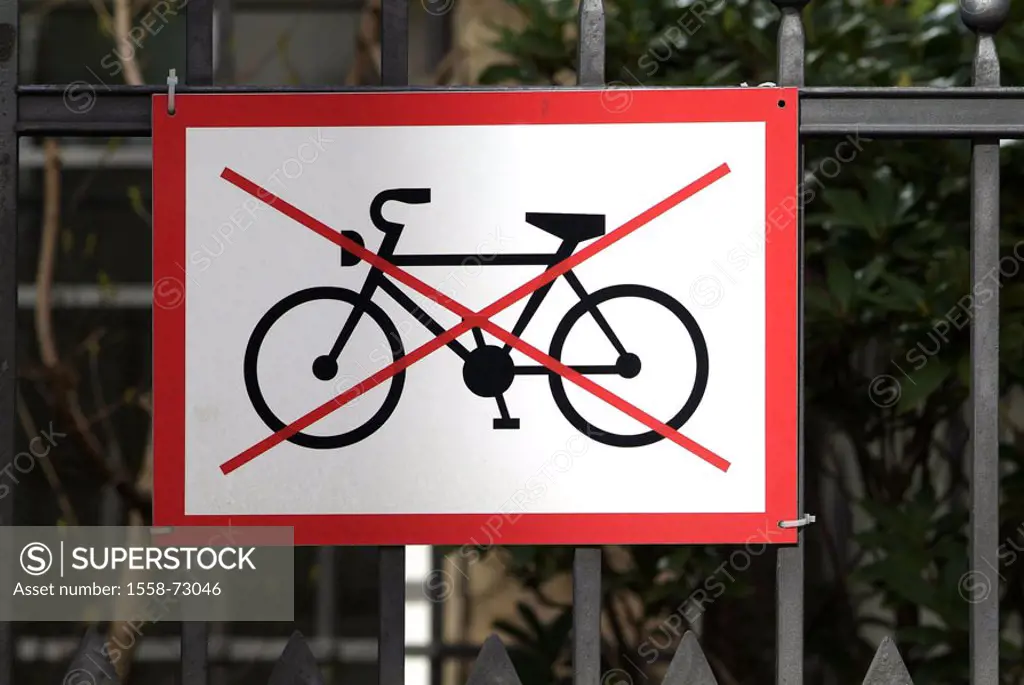 Fence, detail, Verbotsschild,  Bicycle  Metal fence, sign, sign, hint, prohibition, driving wheels, stops, parks, prohibited, crossed out, pictogram