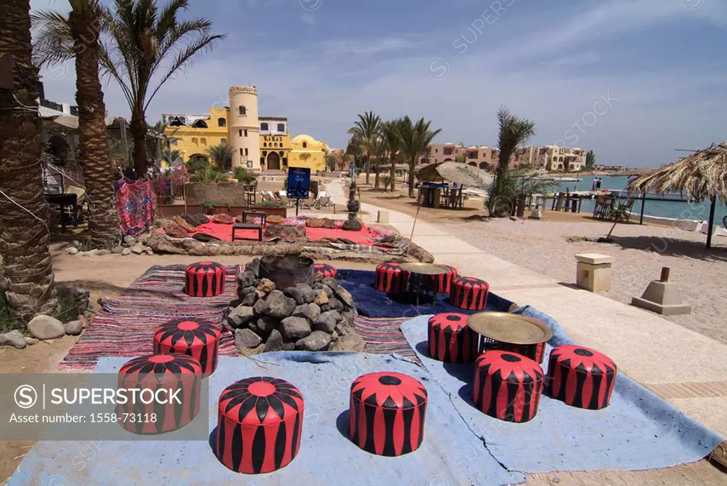 Egypt, El Gouna, beach, hearths,  Seat cushions  Africa, destination, spa, lagoon place, buildings, houses, palms, sandy beach, mounds, carpets, cushi...