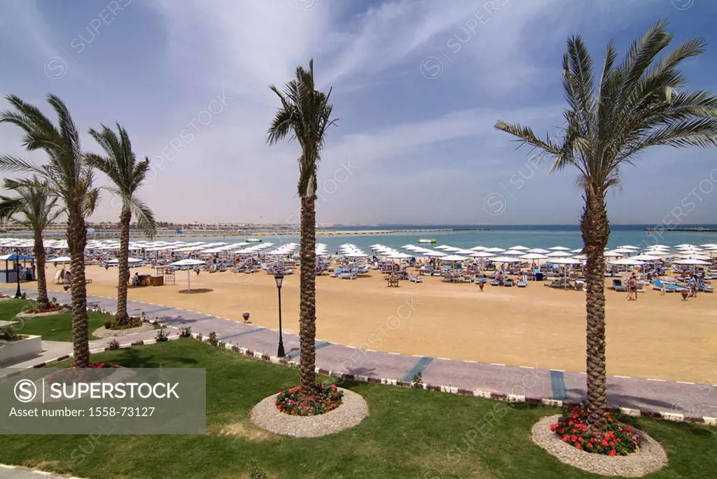 Egypt, Hurghada, hotel LTI Dana Beach,  Hotel beach, palms,  Africa, destination, destination, tourist goal, red sea, sandy beach, beach, parasols, de...