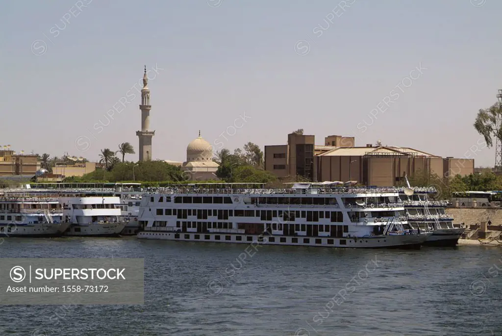 Egypt, Luxor, river Nile, Kreuzfahrtschiff,   Africa, head Egypt, city, view at the city, minaret, destination, destination, ship, cruiser, shipping, ...