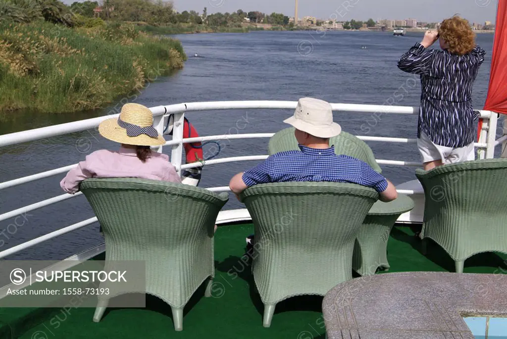 Egypt, Kom Ombo, river Nile, ship, Cruise, tourists, view from behind,  Africa, head Egypt, shipping, Nile cruise, cruise, cruise ship, sundeck, baske...