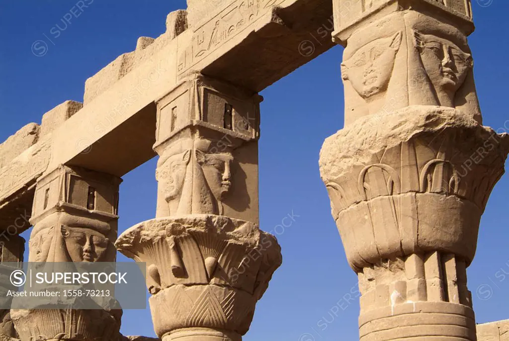 Egypt, Assuan, island Agilkia, temples,  from Philae, columns, detail  Africa, head Egypt, destination, destination, sight, culture, Nile island, sanc...