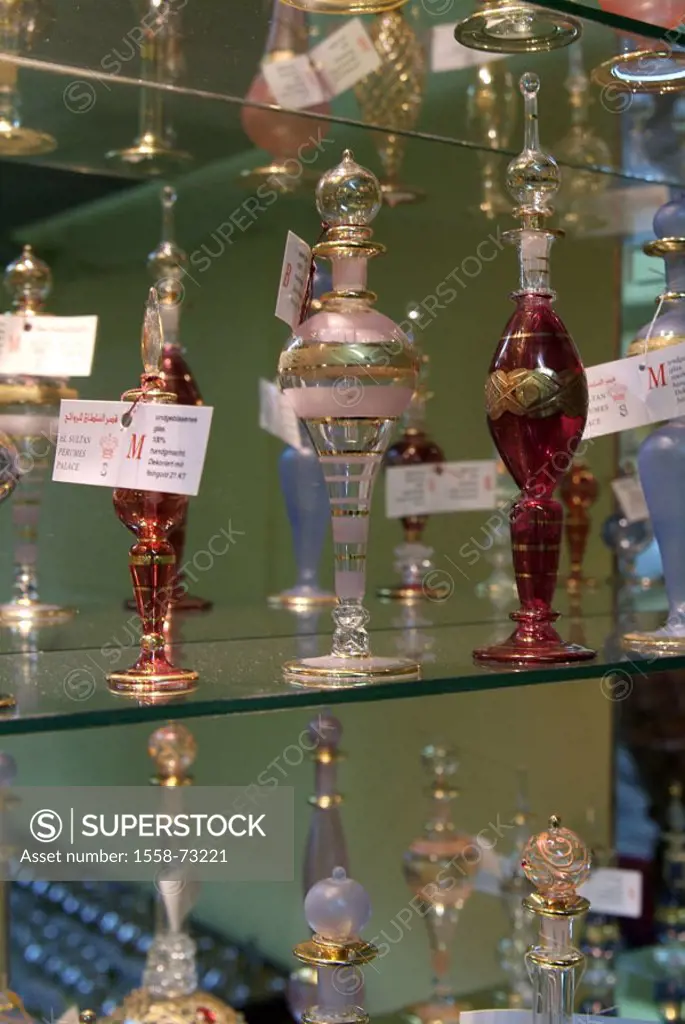 Egypt, Assuan, Glasbläserei, flasks,    Africa, head Egypt, perfume factory, perfume factory shelf glass flasks perfume flasks handicraft, sale, perfu...