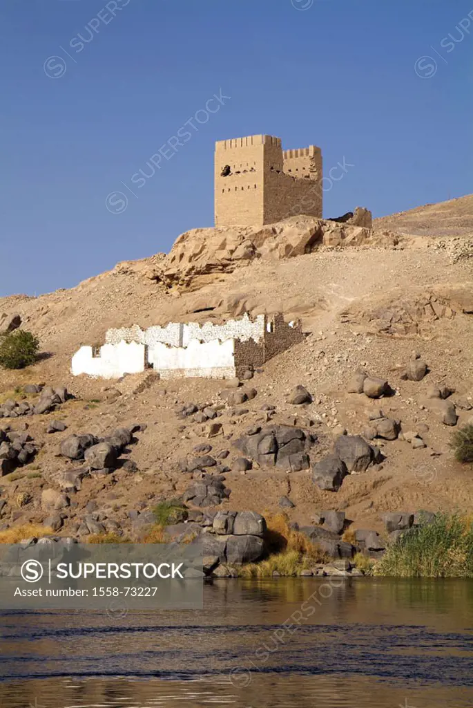 Egypt, Assuan, Nilufer, fortress,  River Nile  Africa, head Egypt, destination, destination, sight, landscape, meager, stones, sand, buildings, constr...