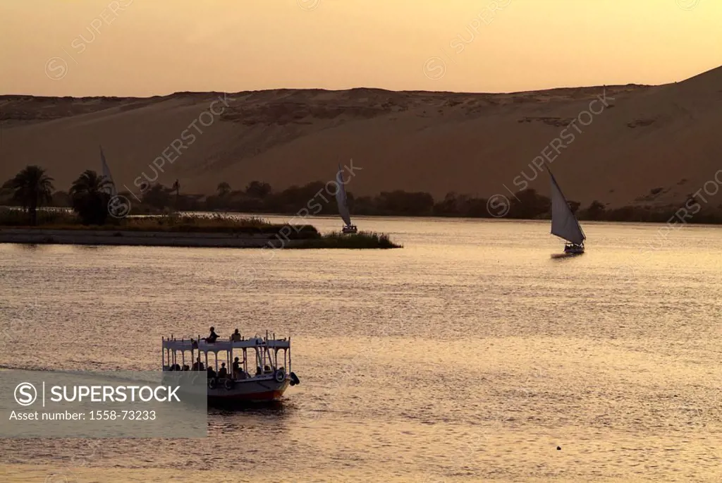 Egypt, Assuan, river Nile, sailboats,  Trip boat, evening mood,  Africa, head Egypt, destination, vacation country, boats, ships, sail ships, Feluken,...