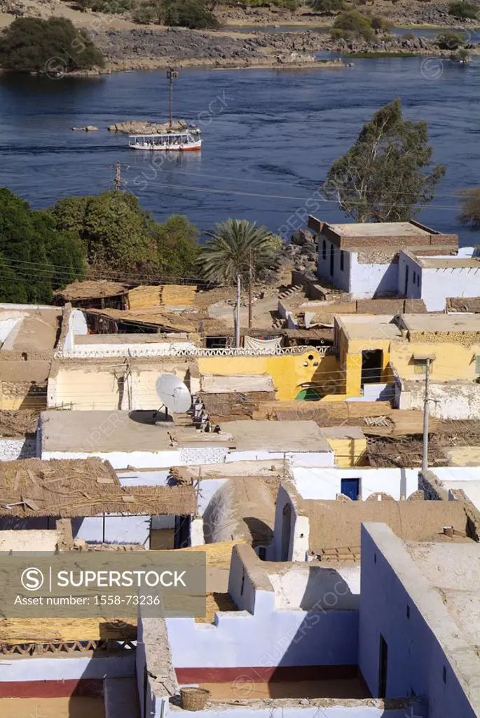 Egypt, Assuan, Nubisches village,  , river Nile, Ausflugsschiff,  Africa, head Egypt, sight, Nilufer, riversides, place, houses, clay houses, Bauweise...