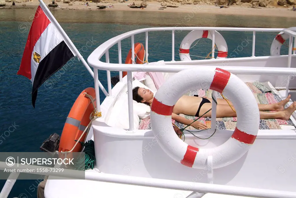 Egypt, Sinai peninsula, Sharm El Sheikh, Boat, detail, sundeck, woman, sunbathes  Sinai peninsula, destination, destination, trip boat, motorboat, cou...