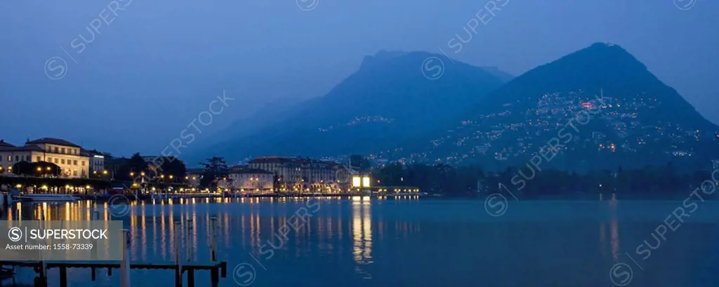 Switzerland, Tessin, Luganer sea, Lugano, view at the city, shores, Riva Albertolli,  Monte Bre, 925 m, evening Shores, view at the city, districts, C...