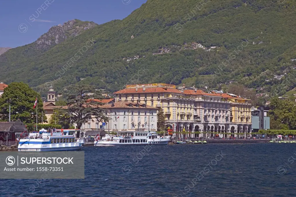 Switzerland, Tessin, Luganer sea,  Lugano, shores, Riva Albertolli,  Citizen houses, trip boats,  City, view at the city, sea, shores, riparian promen...
