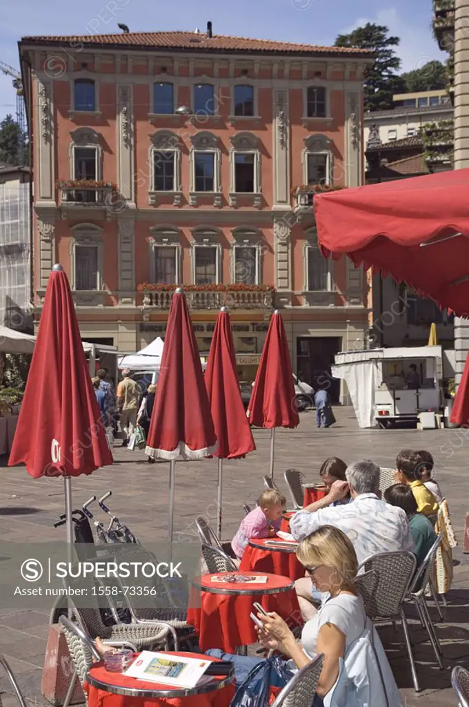 Switzerland, Tessin, Lugano, old town, Piazza della Riforma, cafe, People,  City, view at the city, place, gastronomy, street pub, tourists, vacation,...