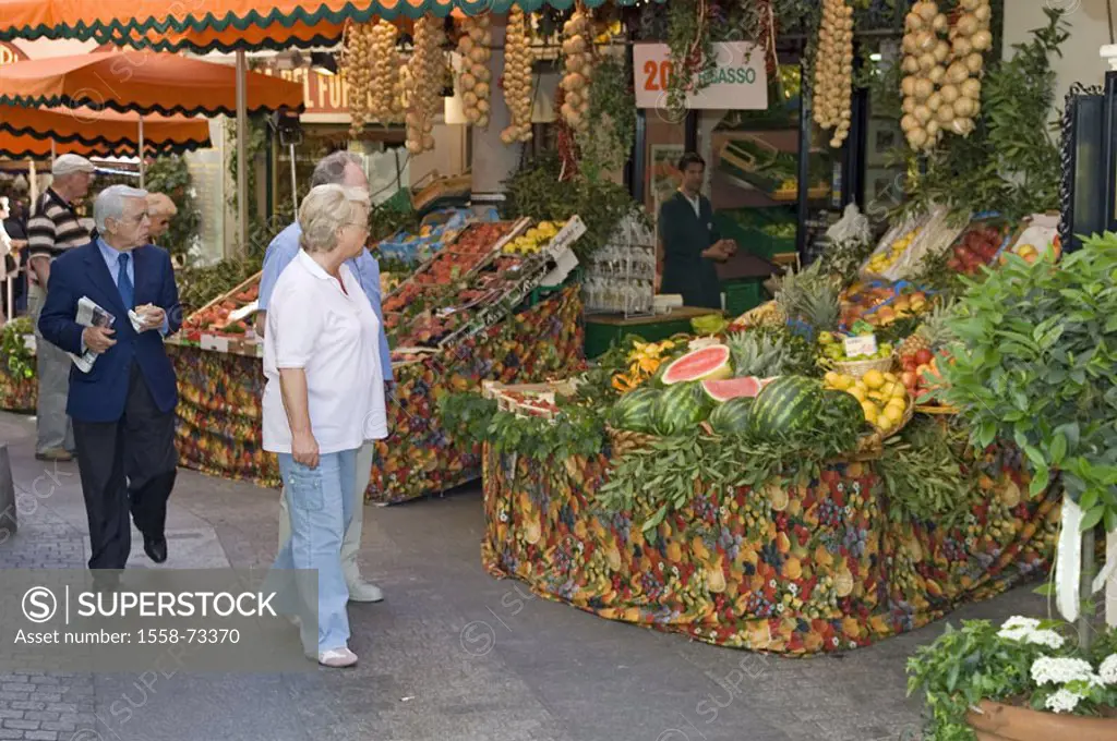 Switzerland, Tessin, Lugano, old town, Piazza Cioccaro, grocery store, Sale, fruit, vegetables, customers, City, center, business, economy, retails, f...