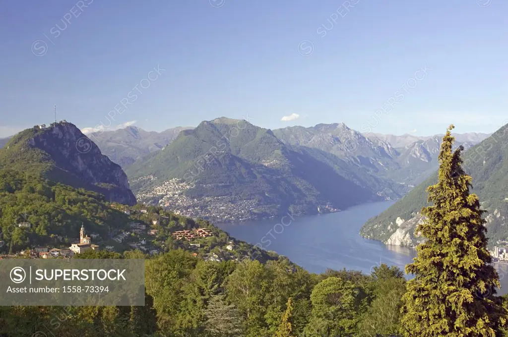 Switzerland, Tessin, park San Grato,  View, Luganer sea, highland,  Carona, church San Giorgio,  Location botanical garden, tourism, destination, sigh...