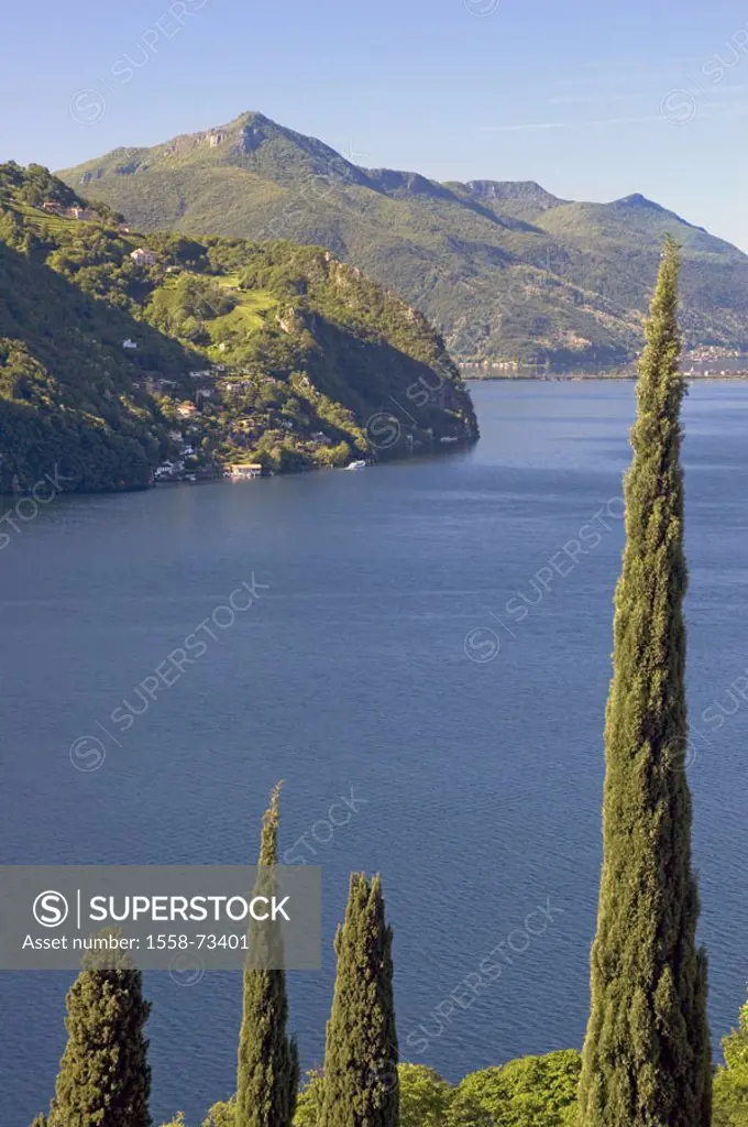 Switzerland, Tessin, Luganer sea,  Ostufer, landscape, mountains, cypresses,   Sea, Lago of di Lugano, Ceresio, water, blue, shores, nature, trees, id...