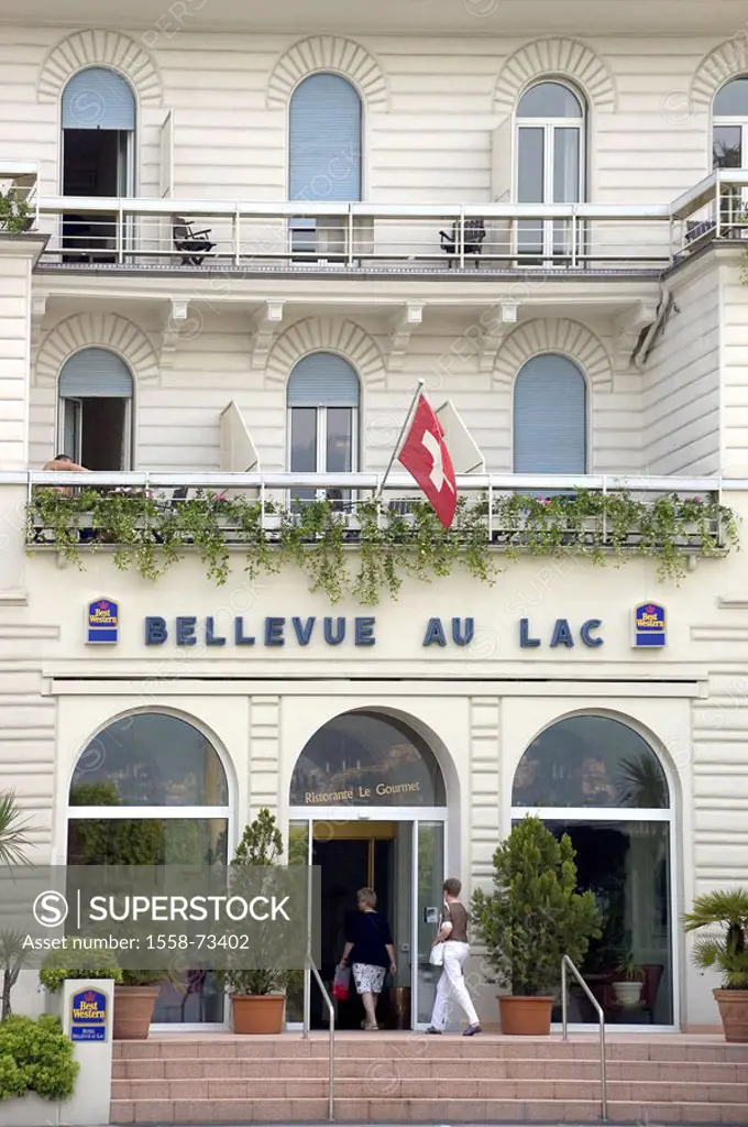 Switzerland, Tessin, Lugano, hotel, ´Bellevue Au Lac´, outside, detail   City, Hotellerie, housing, buildings, facade, house facade, hotel facade, ent...