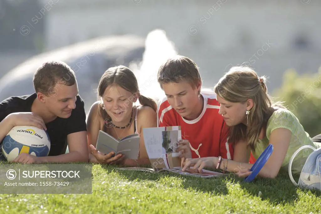Park, students, meadow, lies, School books, learns, together,  Series, 15-18 years, school colleagues, schoolmates,, Friends, four, school records, bo...