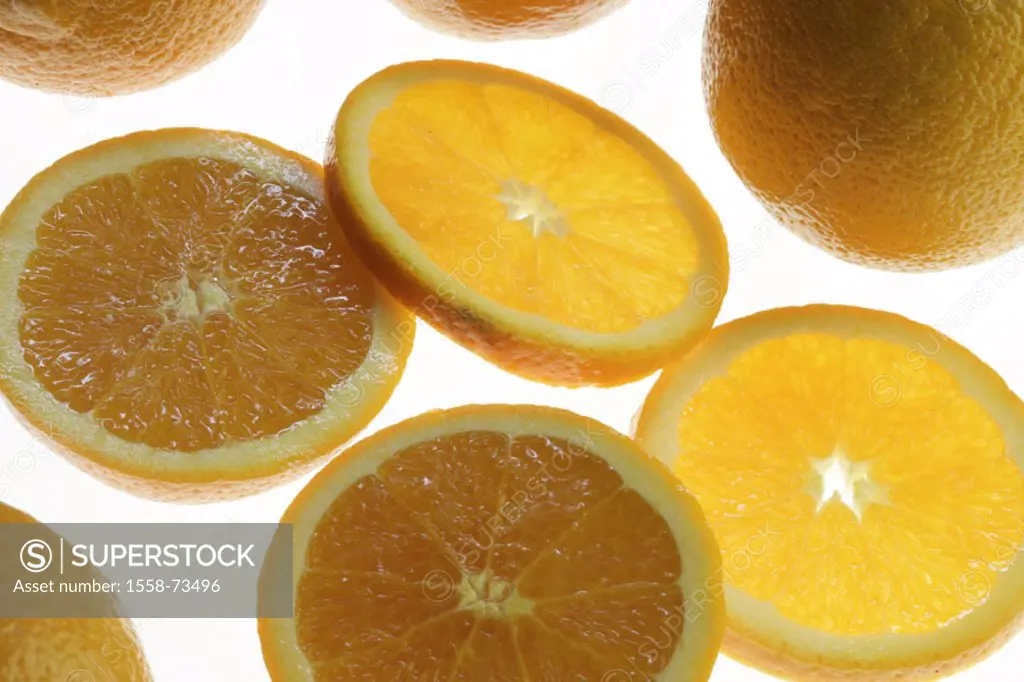 Oranges, completely, cut   Food, food, fruit, fruits, citrus fruits, South fruits, oranges, orange disks, bragged, pulp orange, fruity, juicy, acid, s...