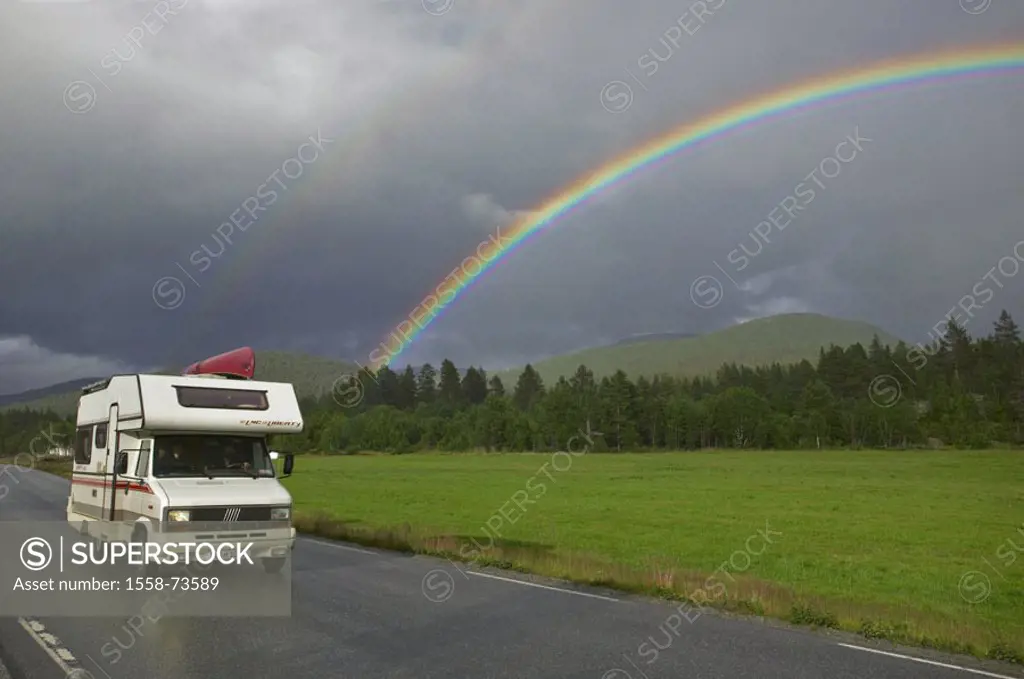 Norway, Aust-Agder, Setesdal, Bykle,  Street, camper, rainbow  Europe, Scandinavia, South Norway, destination, destination, country road, car, vehicle...