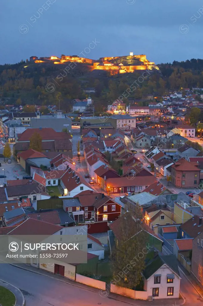 Norway, Ostfold, slagheaps, view at the city,  Residential area, illumination, twilight  Europe, Scandinavia, Østfold, city, houses, residences, roofs...