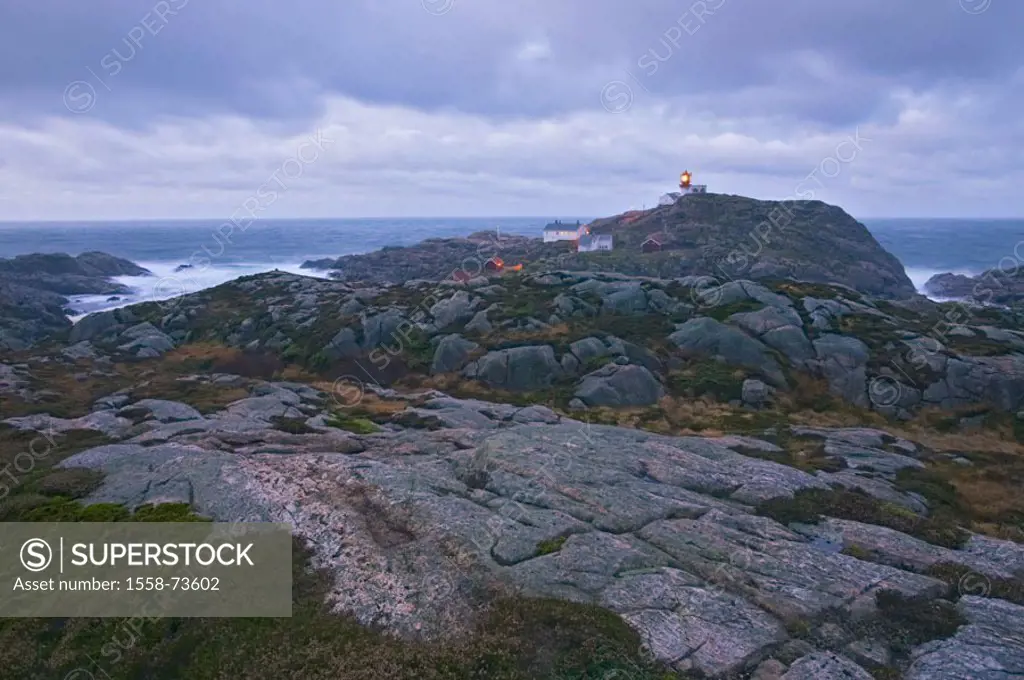 Norway, Vest-Agder, Lindesnes,  Rock coast, lighthouse, twilight  Europe, Scandinavia, South Norway, coast, coast landscape, landscape, rocks, rocky, ...