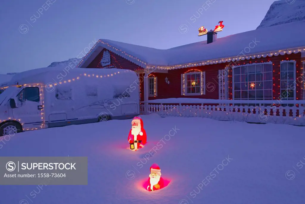 Norway, Troms, Storfjord, residence,  Car, Christmas decoration, fairy lights,  Snow, twilight, Europe, Scandinavia, North Norway, season, winters, wi...