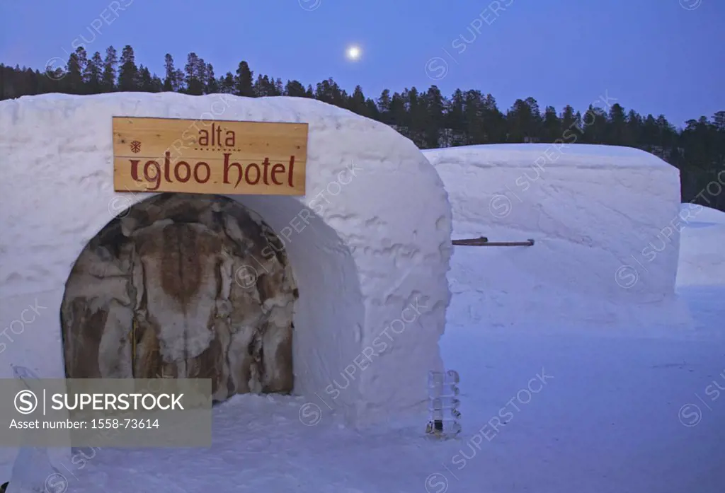 Norway, Finnmark, Alta, igloo hotel,  Entrance, twilight,  Europe, Scandinavia, North Norway, destination, destination, sight, attraction, ice hotel, ...