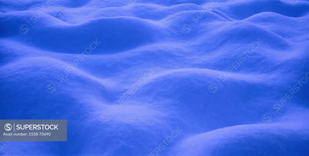 Snow surface, detail, evening   Season, winters, snow, powder snow, snow-covered, hills, waves, unevenly, unevenness, untouched, blue hour, color mood...
