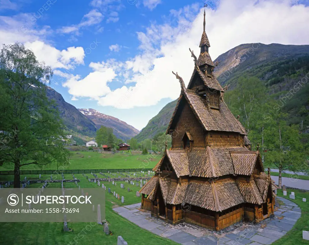 Norway, Sogn of og Fjordane, Leardal,  Borgund Stavkirke, graveyard,  Europe, Scandinavia, west Norway, Lærdal, church, Stavkirche, rod church, chapel...