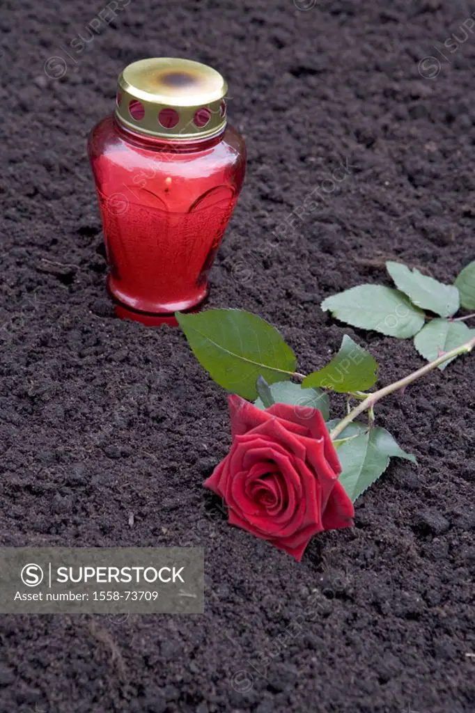Graveyard, earth, funeral light, rose,   Concept, death, mourning, loss, pain, separation, love, parting, burial, commemorations, memory, memory, cand...