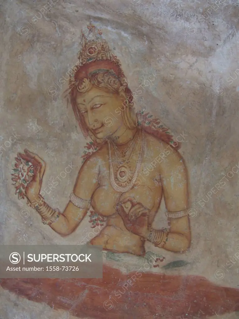 Sri Lanka, Sigiriya, rock temples,  Wall painting, cloud girls,  473 B.C.  Asia, rocks, murals, painting, painting, wall painting, representation, nym...