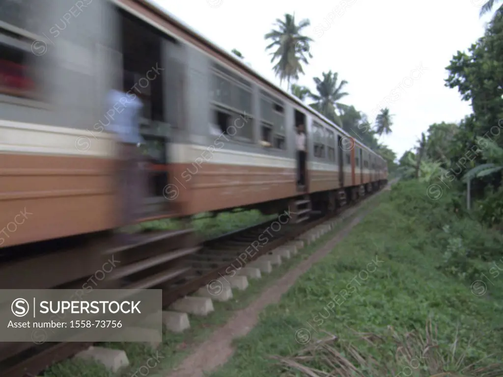 Sri Lanka, Negombo, track,  Train, trip, kinetic blurring  Asia, trips, tourism, traffic, transportation, track traffic, rail traffic, passenger trans...