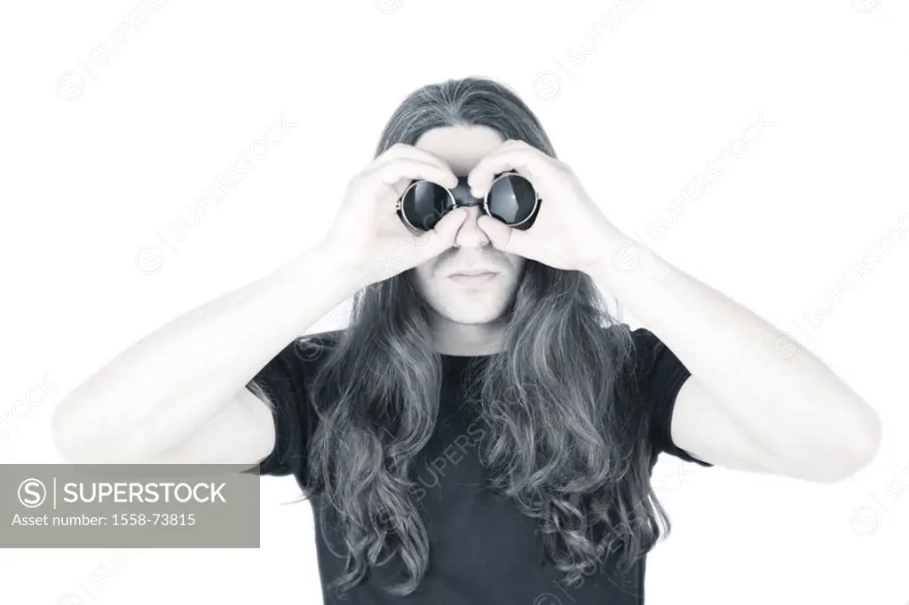 Man, young, long-haired, Gletscherbrille, Gesture, gaze distance, Halbporträt,  ´Spy´, 25-30 years, dark-haired, seriously, indicates strictly, sun gl...