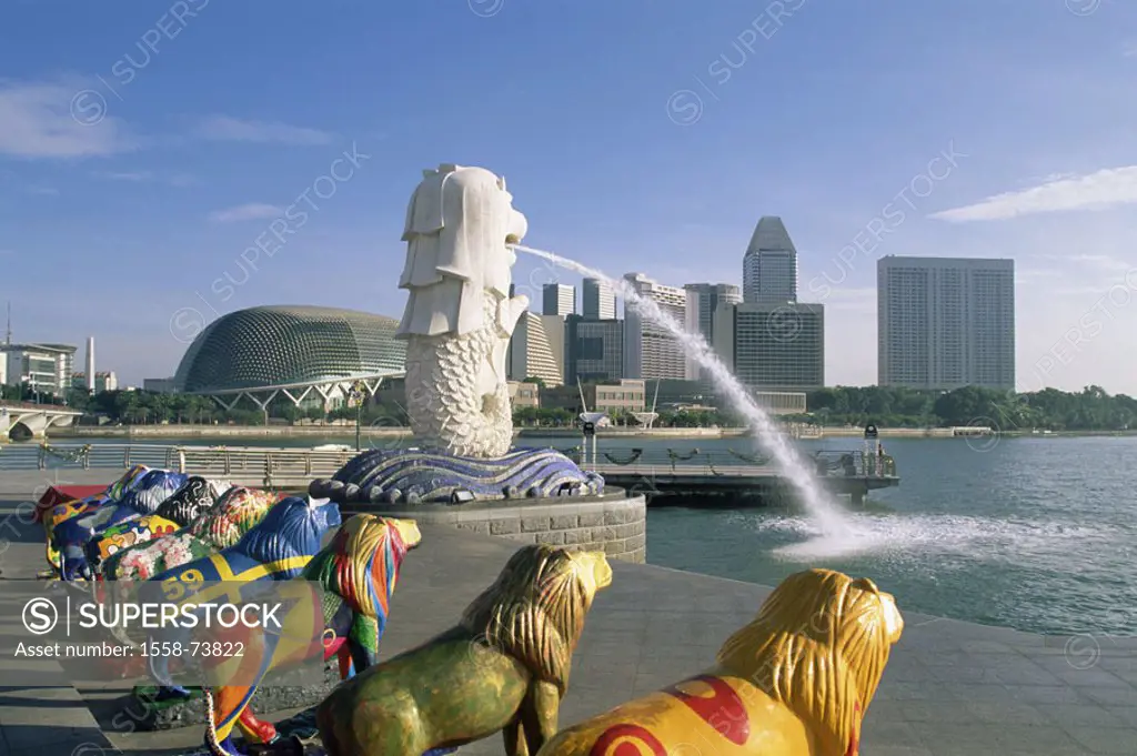 Singapore, Singapore city, Merlion park, Singapore Rivers, sculpture ´Merlion´, Promenade, lion sculptures, colorfully Southeast Asia, city state, Rep...