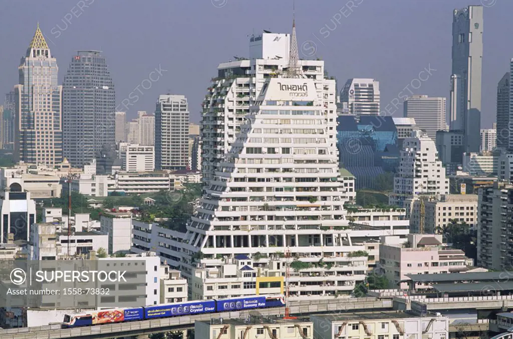 Thailand, Bangkok, view at the city,  Skytrain  Asia, view at the city, skyscrapers, office buildings, Rail traffic, track traffic, persons local traf...