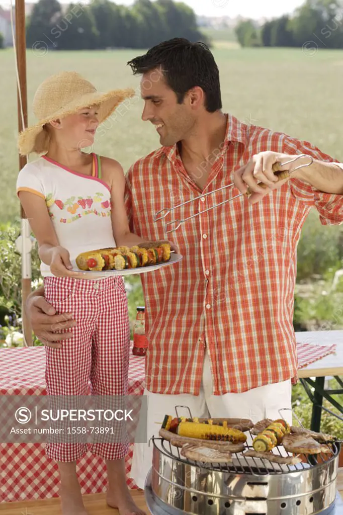 Father, daughter, garden, crickets,    Man, single, child, girls, garden grill, grill, grill tongs, charcoal grill, grill rust, meat, bratwursts, saus...