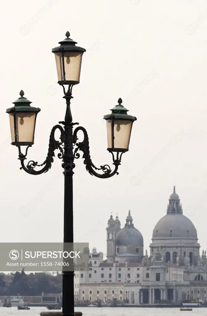 Italy, Venetien, Venice, church,  Santa Maria della salutes, foreground, Streetlight Lagoon city, central dome church, baroque church, dome church, Ar...