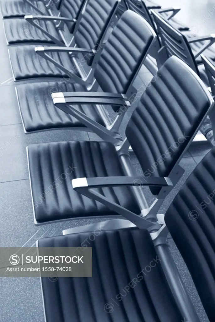 Airport, waiting room, seat,  Detail, s/w,  Departure lounge, attendant zone, attendant area, hall, chairs, bank, seat group seat bench empty abandone...