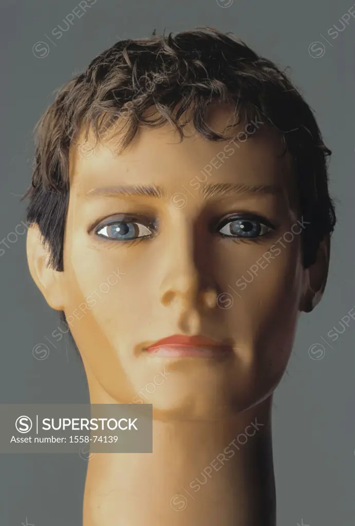 Dummy, male,  Portrait  Doll, head, doll portrait, grey-haired, wig head, wig, brown-haired, concept, adult, expression, seriously, rigidly, solidifie...