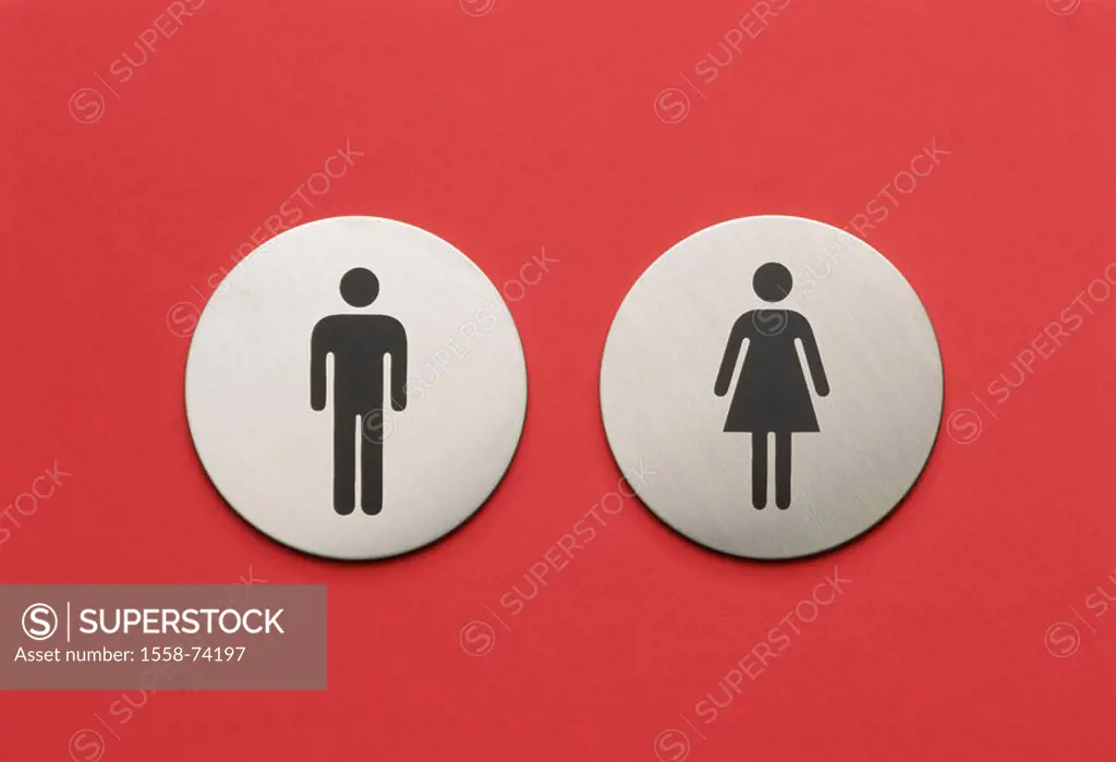 Toilet signs, pictograms, man,  Woman  Toilet, publicly, door doorplates signs, approximately, symbol couple silhouette, quietly life, background red